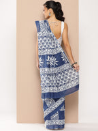 Yufta Blue Ethnic motifs Mulmul Cotton Sarees With Unstitched Blouse | Grocsy