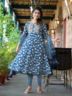 Yufta Blue Floral Dori_Embroidery Kurta Trouser With Dupatta Set | Grocsy