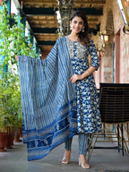 Yufta Blue Floral Dori_Embroidery Kurta Trouser With Dupatta Set | Grocsy