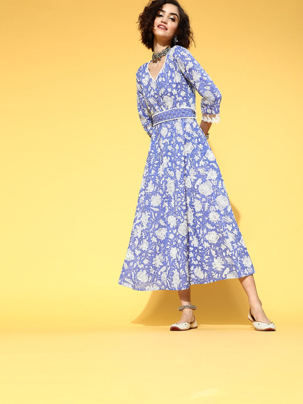 Yufta Blue Floral Ethnic Dress | Grocsy
