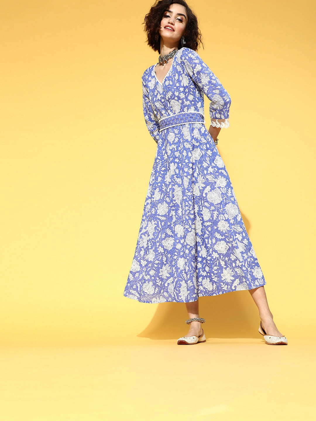 Yufta Blue Floral Ethnic Dress | Grocsy