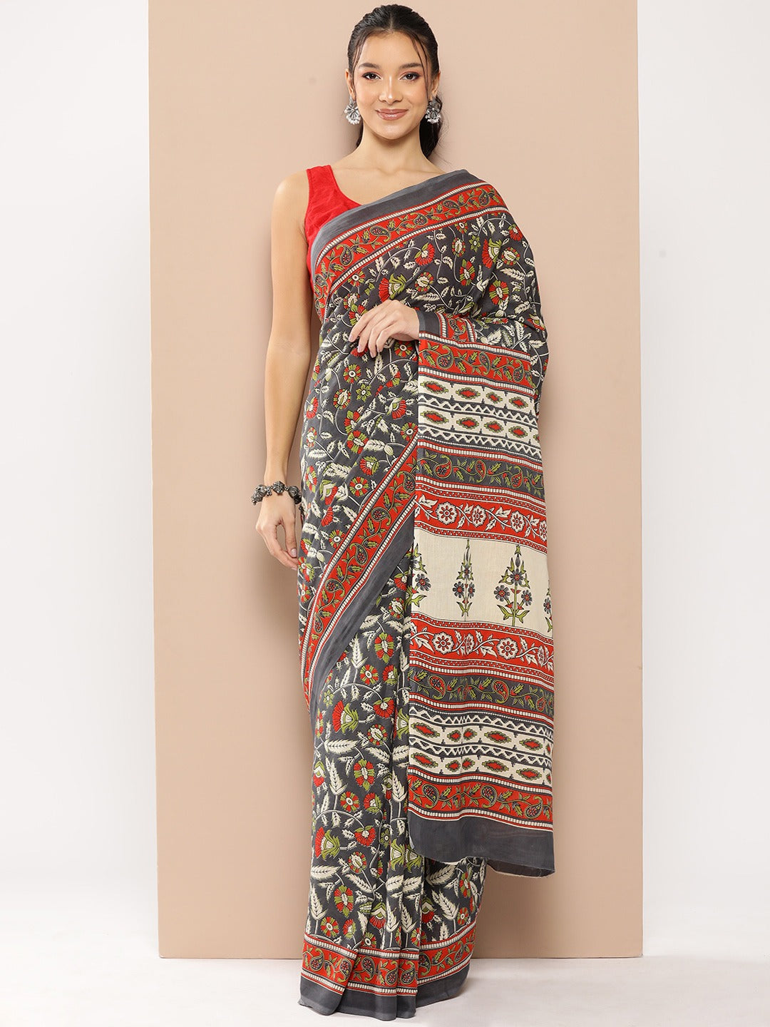 Yufta Grey Floral Mulmul Cotton Sarees With Unstitched Blouse | Grocsy