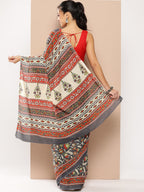Yufta Grey Floral Mulmul Cotton Sarees With Unstitched Blouse | Grocsy