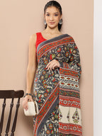 Yufta Grey Floral Mulmul Cotton Sarees With Unstitched Blouse | Grocsy