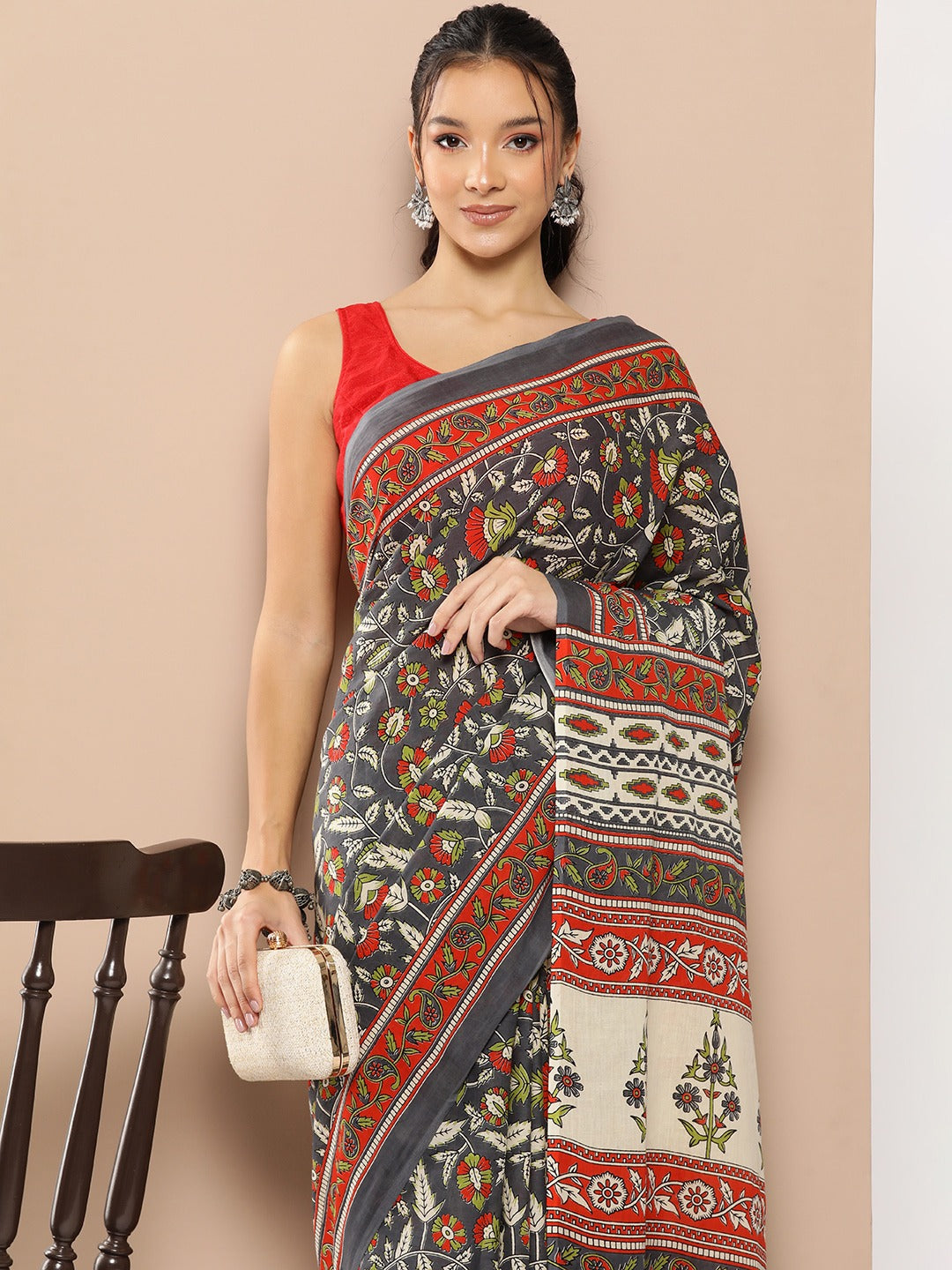 Yufta Grey Floral Mulmul Cotton Sarees With Unstitched Blouse | Grocsy