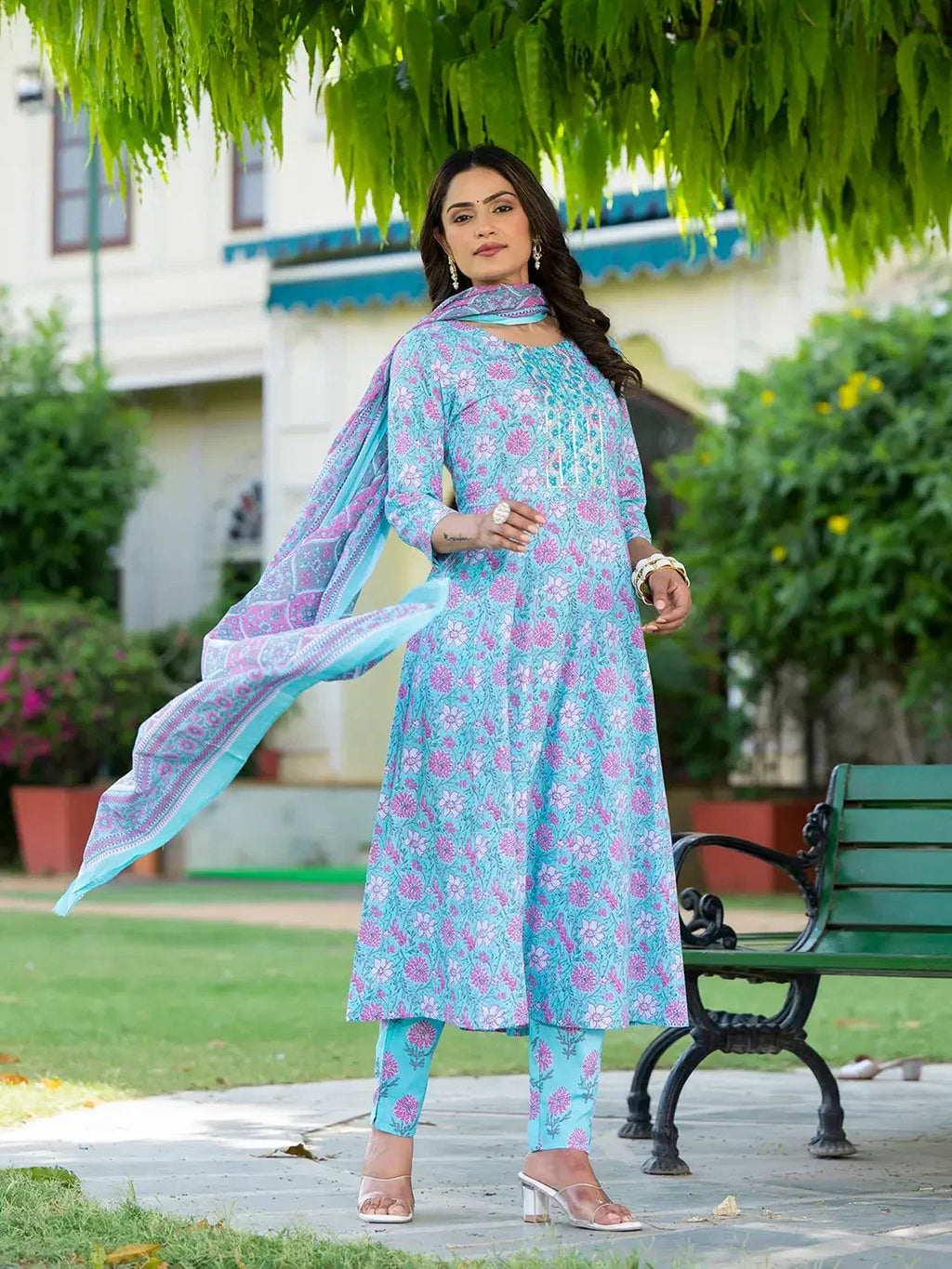 Yufta Blue Floral Print Anarkali Kurta Trouser And Dupatta Set | Grocsy