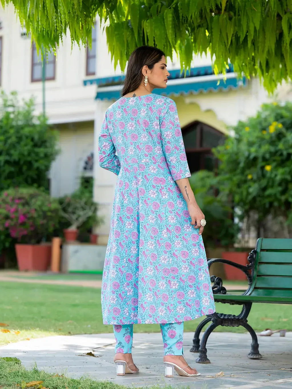 Yufta Blue Floral Print Anarkali Kurta Trouser And Dupatta Set | Grocsy