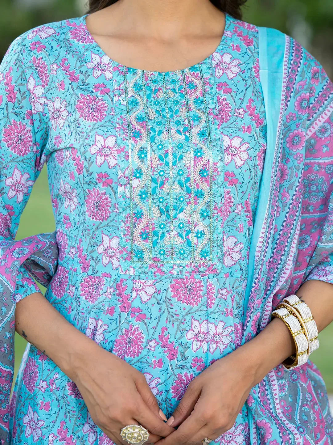 Yufta Blue Floral Print Anarkali Kurta Trouser And Dupatta Set | Grocsy