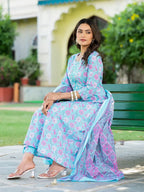 Yufta Blue Floral Print Anarkali Kurta Trouser And Dupatta Set | Grocsy
