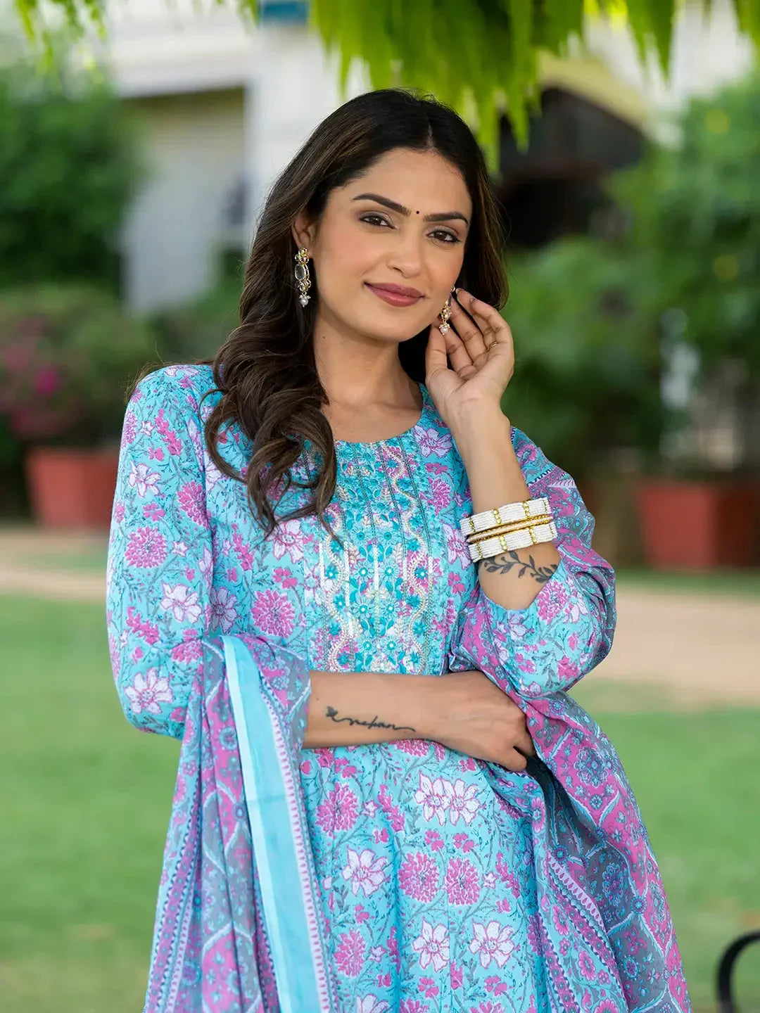 Yufta Blue Floral Print Anarkali Kurta Trouser And Dupatta Set | Grocsy