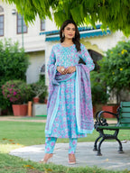 Yufta Blue Floral Print Anarkali Kurta Trouser And Dupatta Set | Grocsy