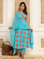 Yufta Blue Floral Print Cotton A-Line Style Kurta And Trousers With Dupatta Set | Grocsy