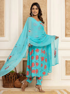 Yufta Blue Floral Print Cotton A-Line Style Kurta And Trousers With Dupatta Set | Grocsy