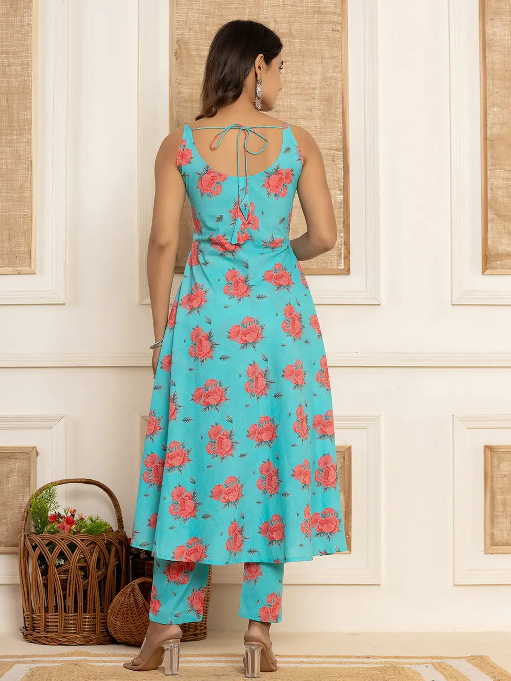 Yufta Blue Floral Print Cotton A-Line Style Kurta And Trousers With Dupatta Set | Grocsy