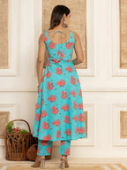 Yufta Blue Floral Print Cotton A-Line Style Kurta And Trousers With Dupatta Set | Grocsy
