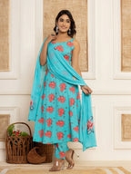 Yufta Blue Floral Print Cotton A-Line Style Kurta And Trousers With Dupatta Set | Grocsy