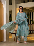 Yufta Blue Floral Print Cotton Anarkali Style Kurta With Trousers With Dupatta Set | Grocsy