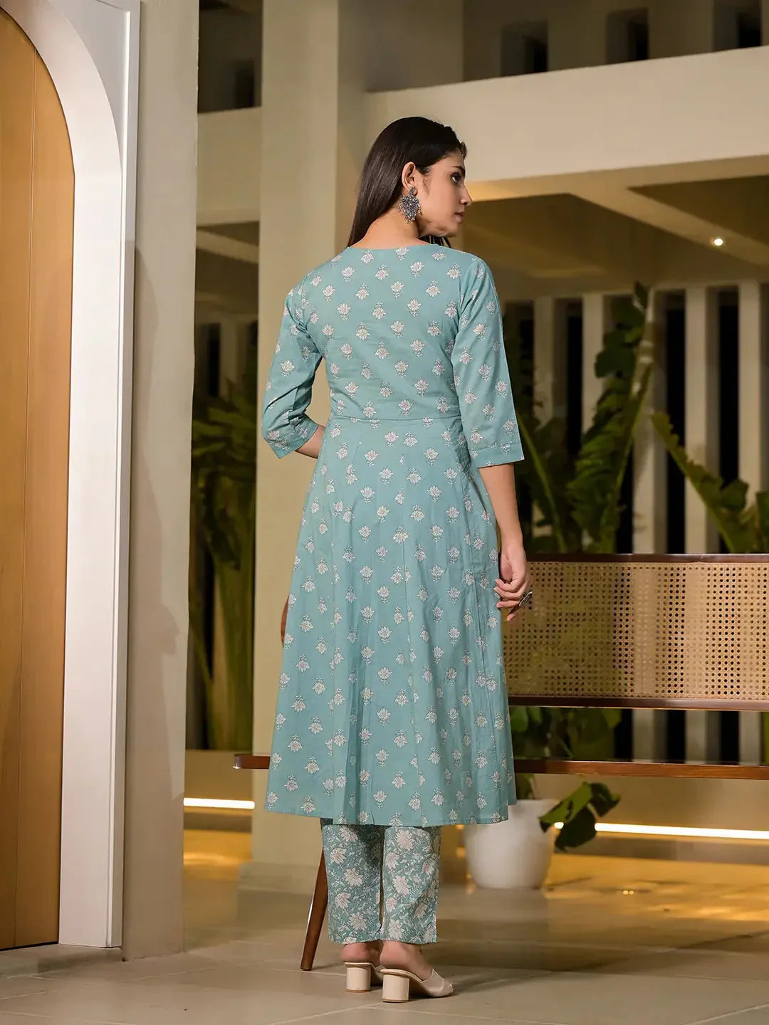 Yufta Blue Floral Print Cotton Anarkali Style Kurta With Trousers With Dupatta Set | Grocsy