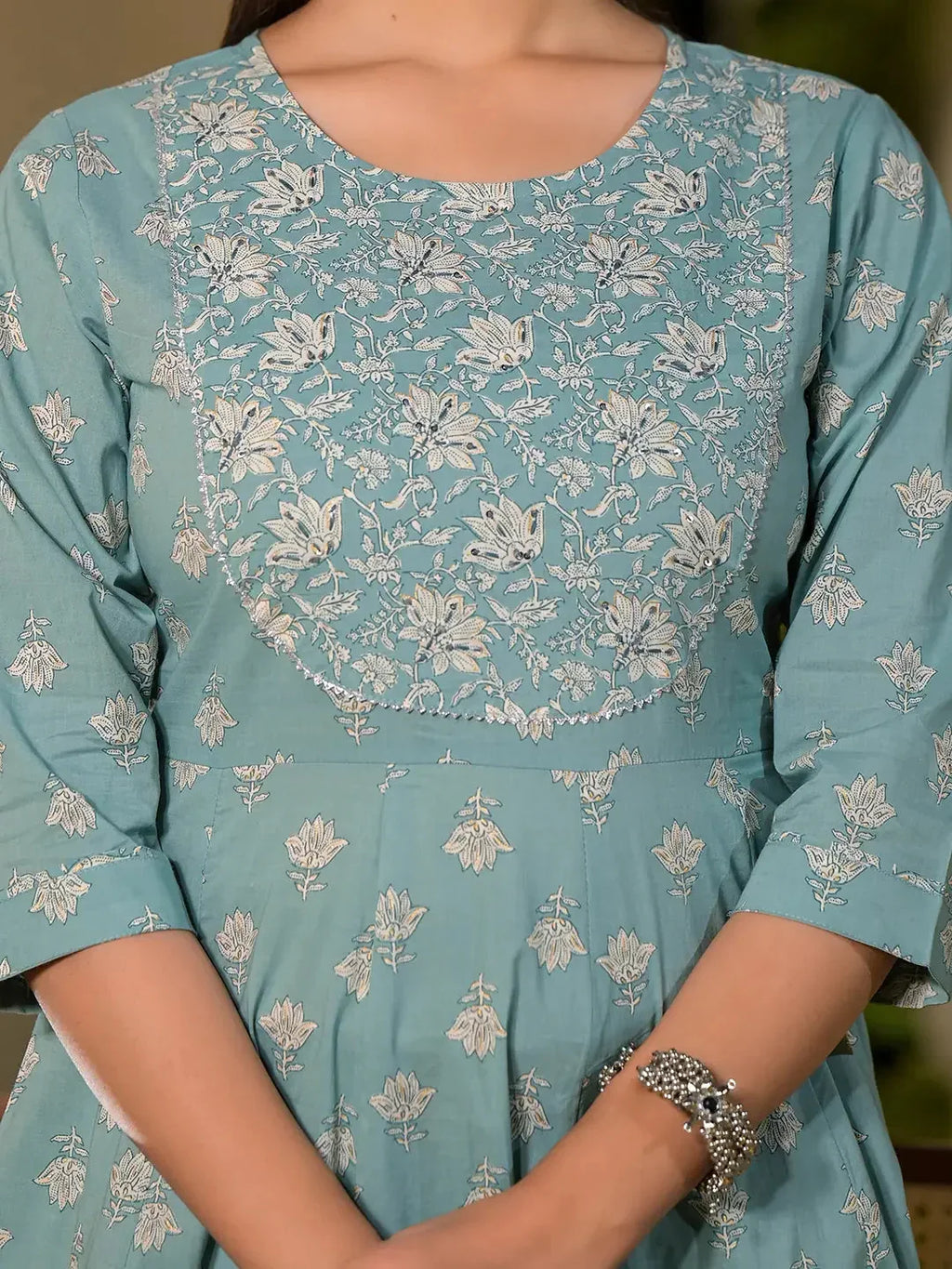 Yufta Blue Floral Print Cotton Anarkali Style Kurta With Trousers With Dupatta Set | Grocsy