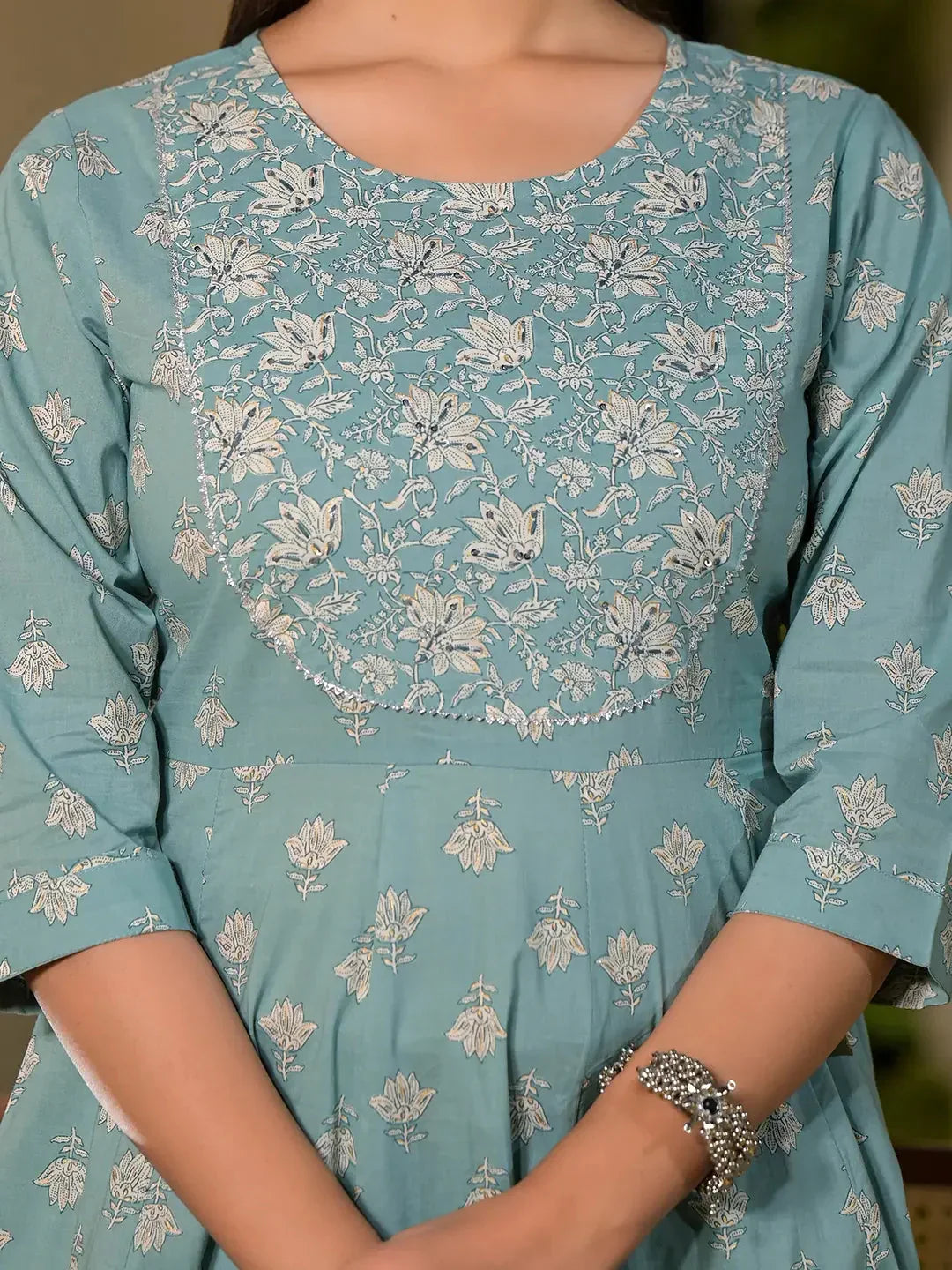 Yufta Blue Floral Print Cotton Anarkali Style Kurta With Trousers With Dupatta Set | Grocsy