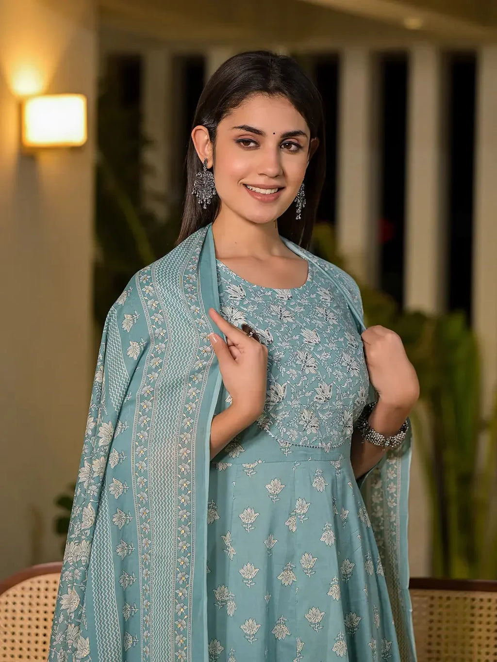 Yufta Blue Floral Print Cotton Anarkali Style Kurta With Trousers With Dupatta Set | Grocsy