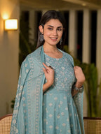 Yufta Blue Floral Print Cotton Anarkali Style Kurta With Trousers With Dupatta Set | Grocsy