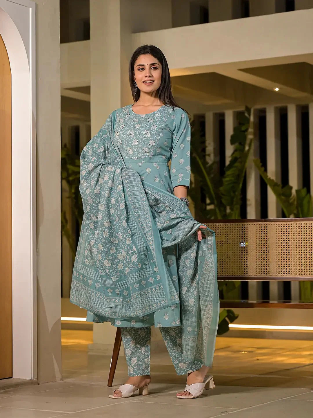 Yufta Blue Floral Print Cotton Anarkali Style Kurta With Trousers With Dupatta Set | Grocsy