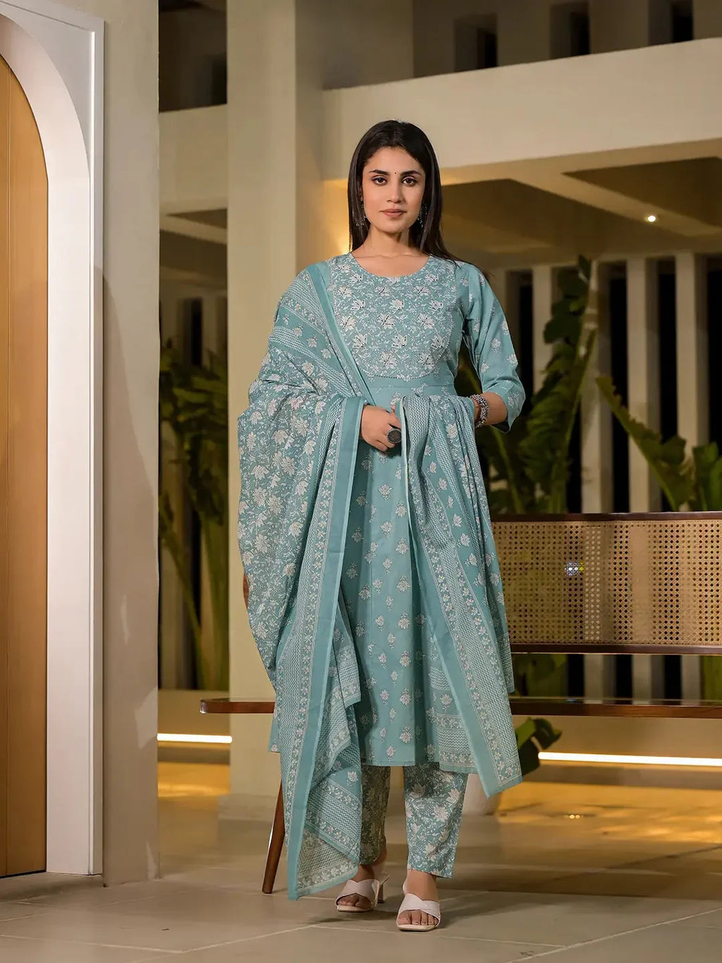 Yufta Blue Floral Print Cotton Anarkali Style Kurta With Trousers With Dupatta Set | Grocsy