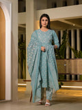 Yufta Blue Floral Print Cotton Anarkali Style Kurta With Trousers With Dupatta Set | Grocsy