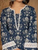 Yufta Blue Floral Print Pakistani Style Kurta Trouser And Dupatta Set | Grocsy