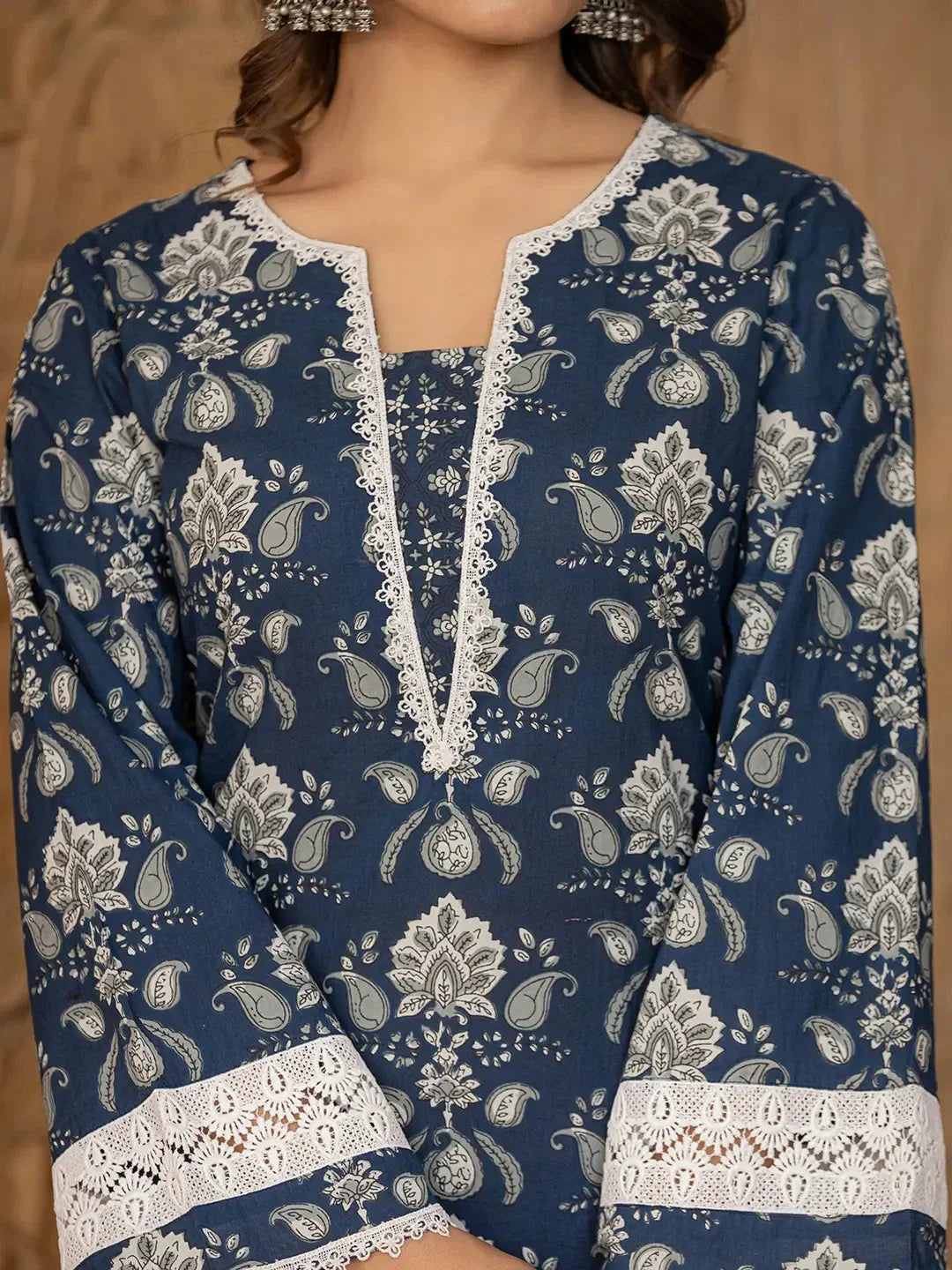 Yufta Blue Floral Print Pakistani Style Kurta Trouser And Dupatta Set | Grocsy