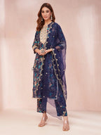 Yufta Blue Floral Print Sequins_Work Straight Kurta Trouser And Dupatta Set | Grocsy