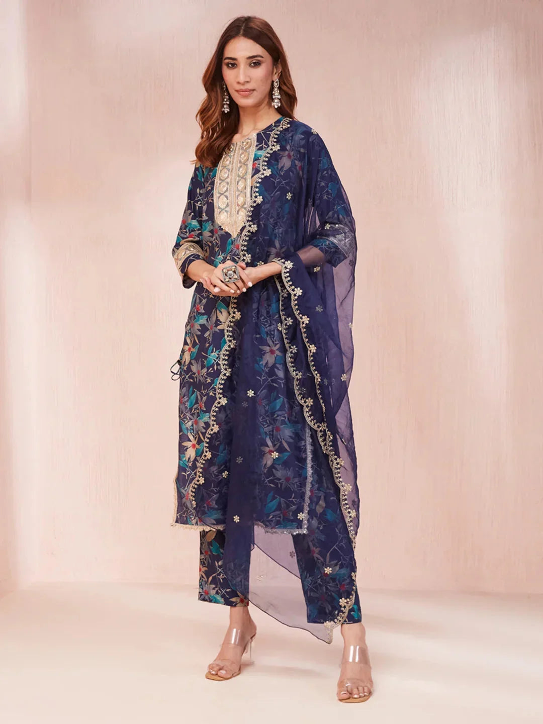 Yufta Blue Floral Print Sequins_Work Straight Kurta Trouser And Dupatta Set | Grocsy