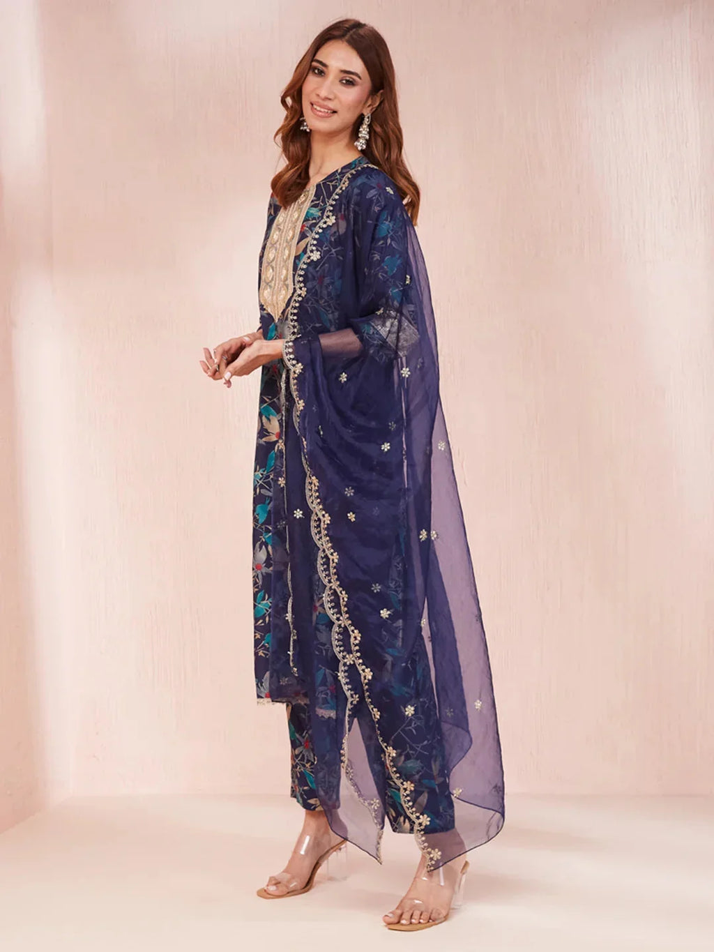 Yufta Blue Floral Print Sequins_Work Straight Kurta Trouser And Dupatta Set | Grocsy