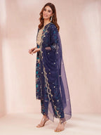 Yufta Blue Floral Print Sequins_Work Straight Kurta Trouser And Dupatta Set | Grocsy