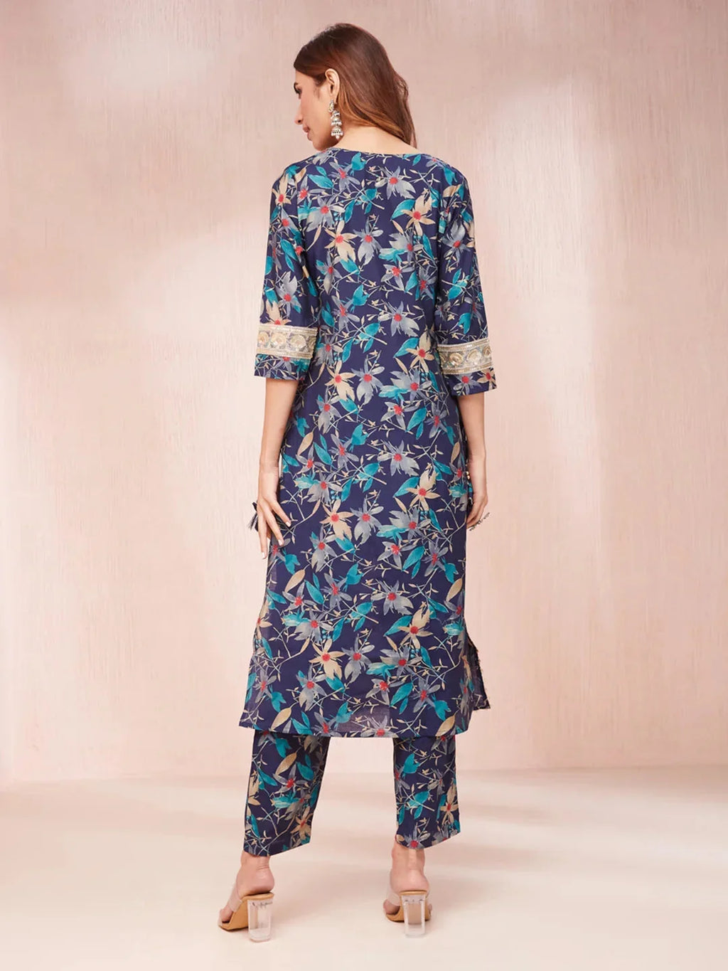Yufta Blue Floral Print Sequins_Work Straight Kurta Trouser And Dupatta Set | Grocsy