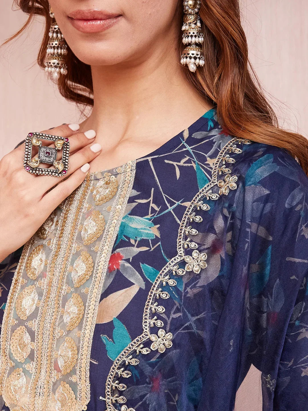 Yufta Blue Floral Print Sequins_Work Straight Kurta Trouser And Dupatta Set | Grocsy