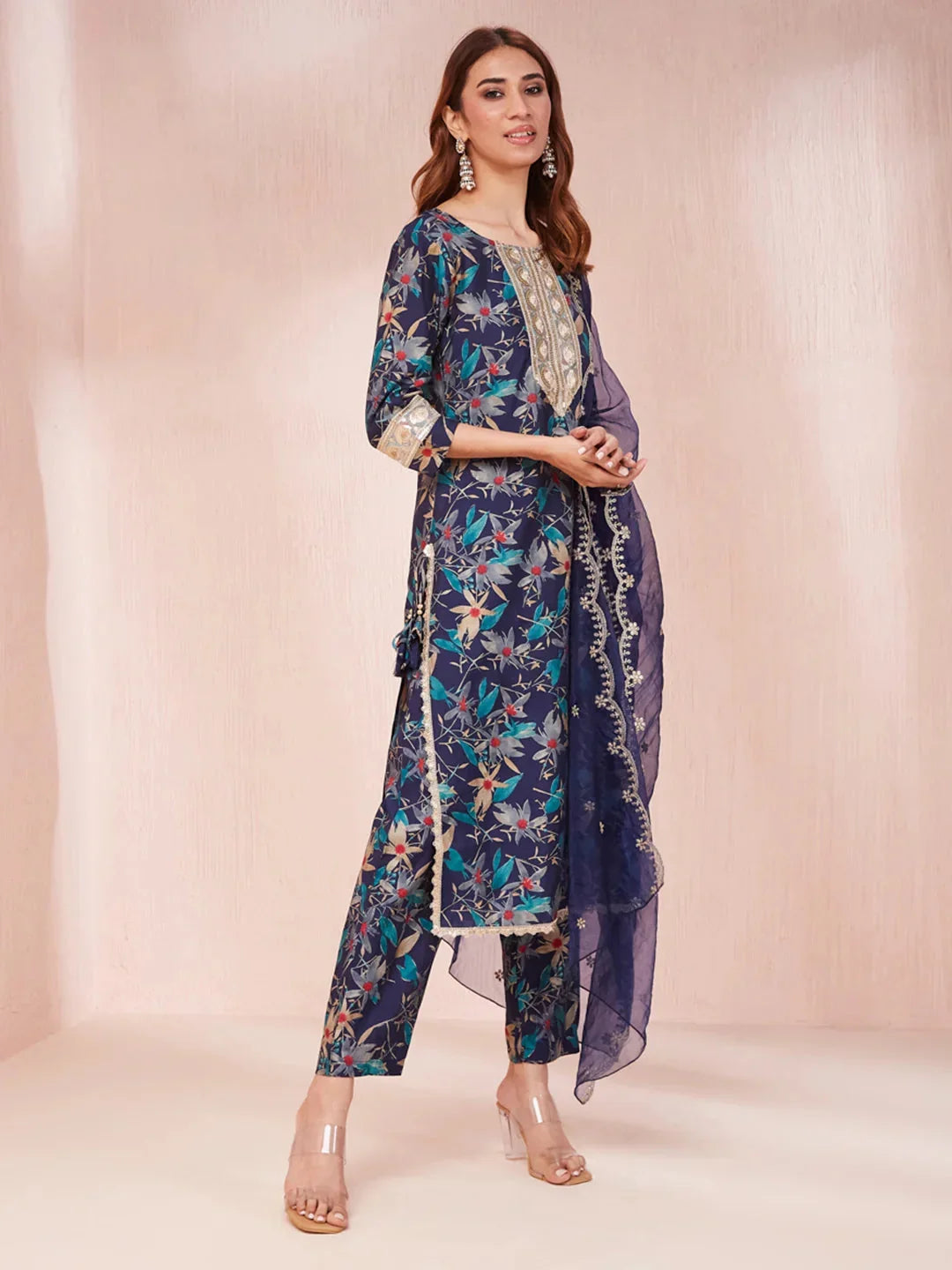 Yufta Blue Floral Print Sequins_Work Straight Kurta Trouser And Dupatta Set | Grocsy