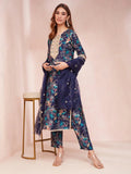 Yufta Blue Floral Print Sequins_Work Straight Kurta Trouser And Dupatta Set | Grocsy
