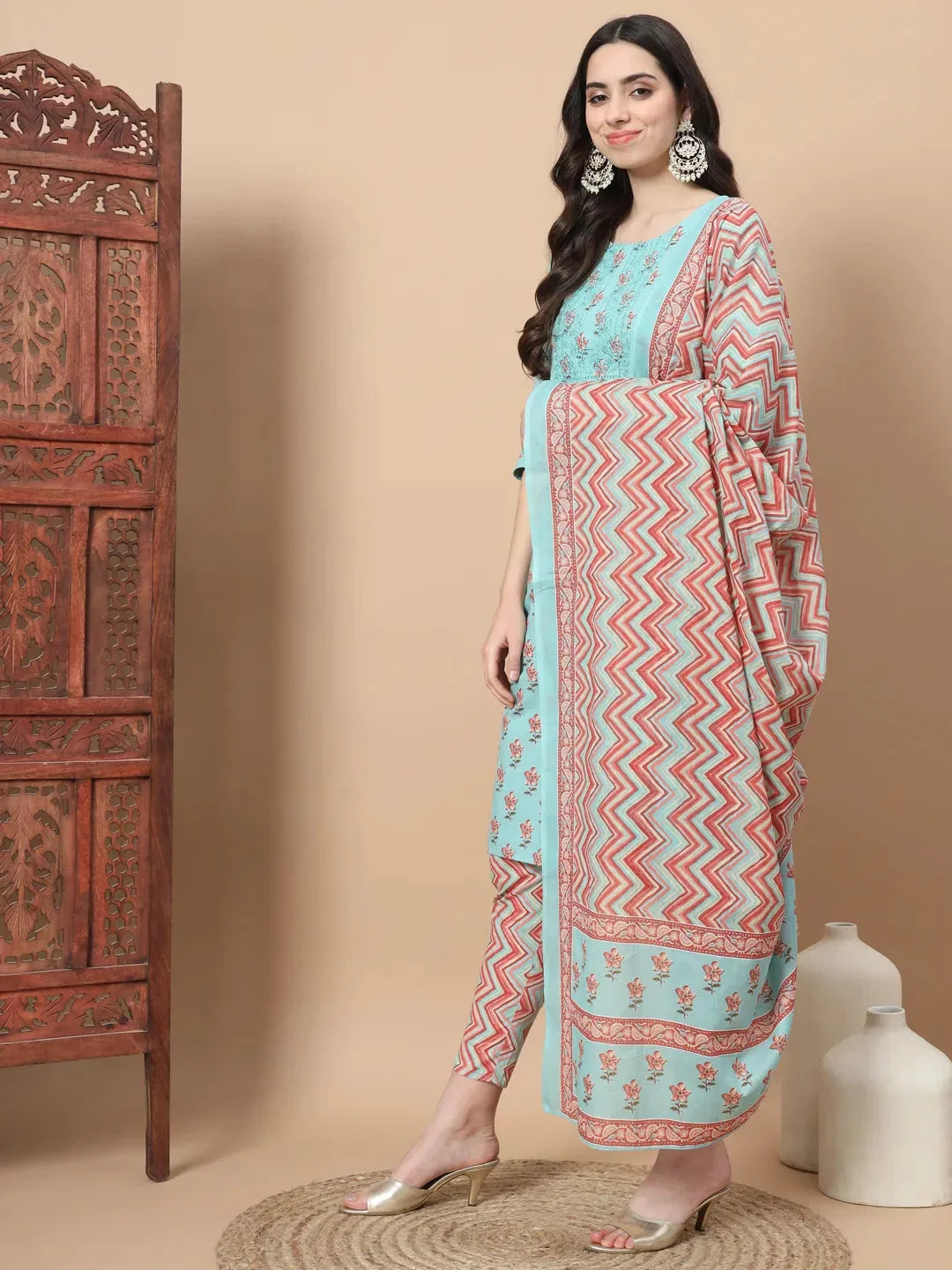 Yufta Blue Floral,Sequins_Work Straight Kurta Trouser And Dupatta Set | Grocsy