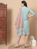 Yufta Blue Floral,Sequins_Work Straight Kurta Trouser And Dupatta Set | Grocsy