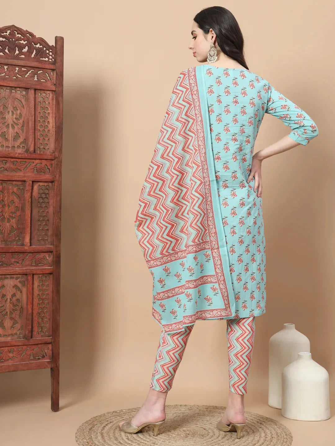 Yufta Blue Floral,Sequins_Work Straight Kurta Trouser And Dupatta Set | Grocsy