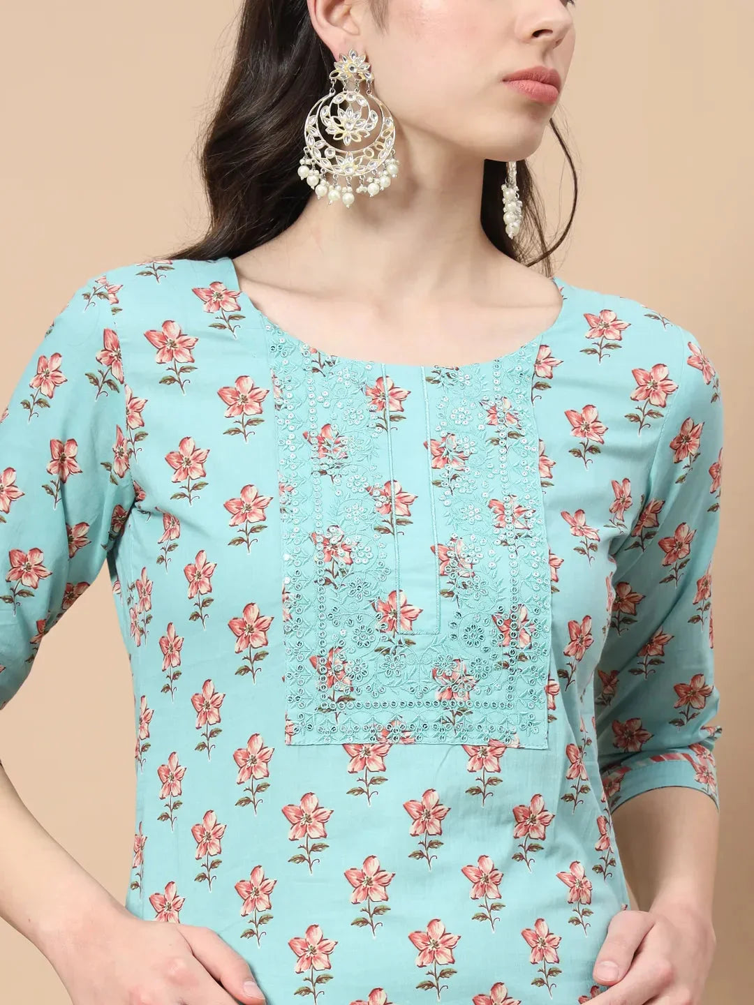 Yufta Blue Floral,Sequins_Work Straight Kurta Trouser And Dupatta Set | Grocsy