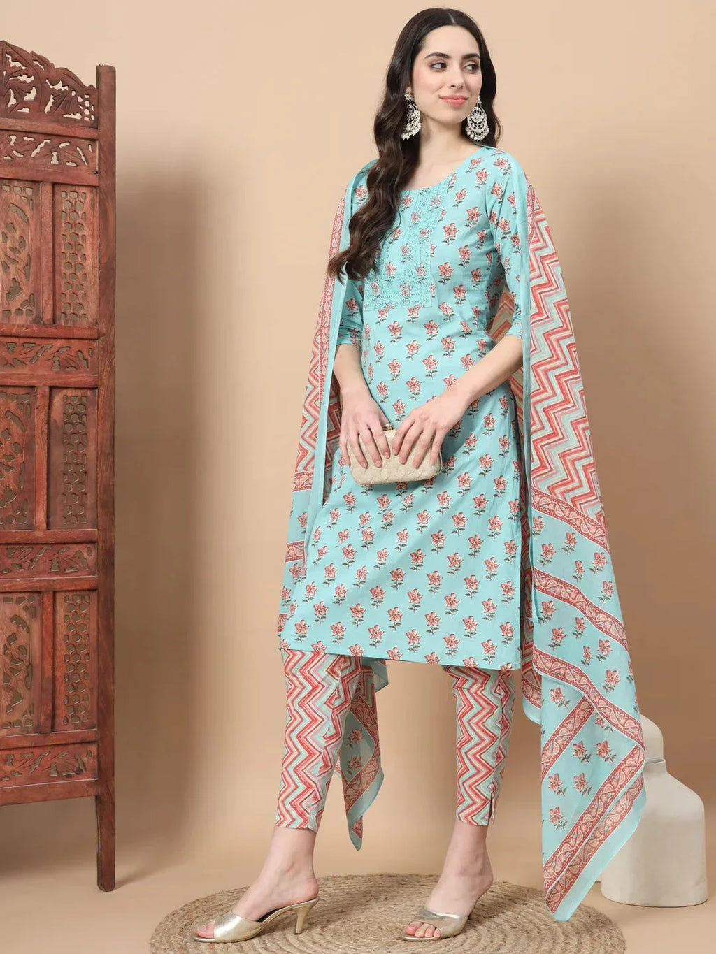 Yufta Blue Floral,Sequins_Work Straight Kurta Trouser And Dupatta Set | Grocsy