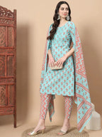Yufta Blue Floral,Sequins_Work Straight Kurta Trouser And Dupatta Set | Grocsy