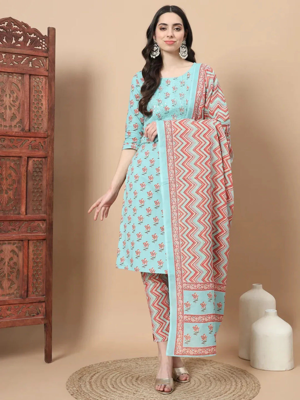 Yufta Blue Floral,Sequins_Work Straight Kurta Trouser And Dupatta Set | Grocsy