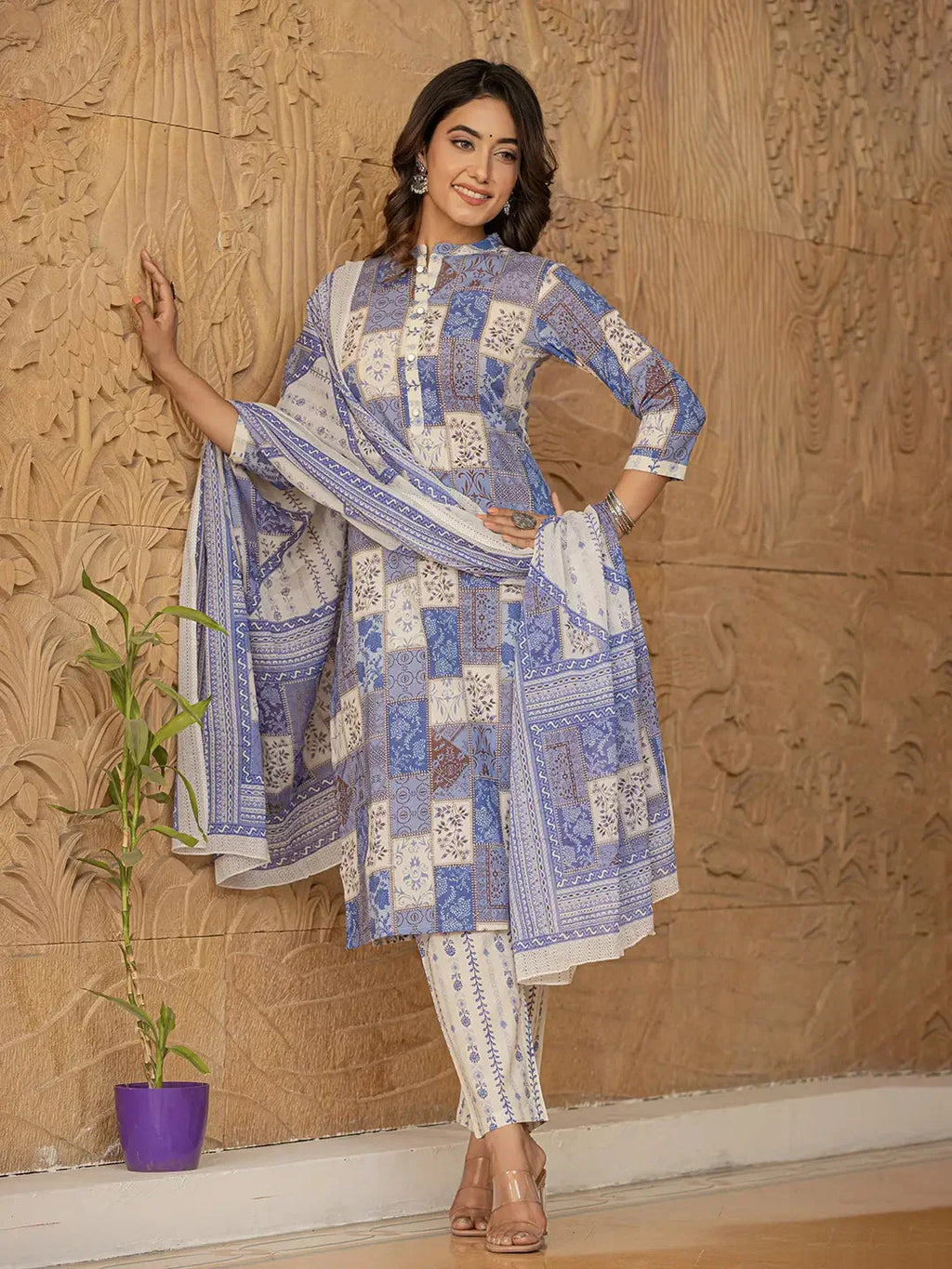 Yufta Blue Geometric Print Straight Kurta Trouser And Dupatta Set | Grocsy