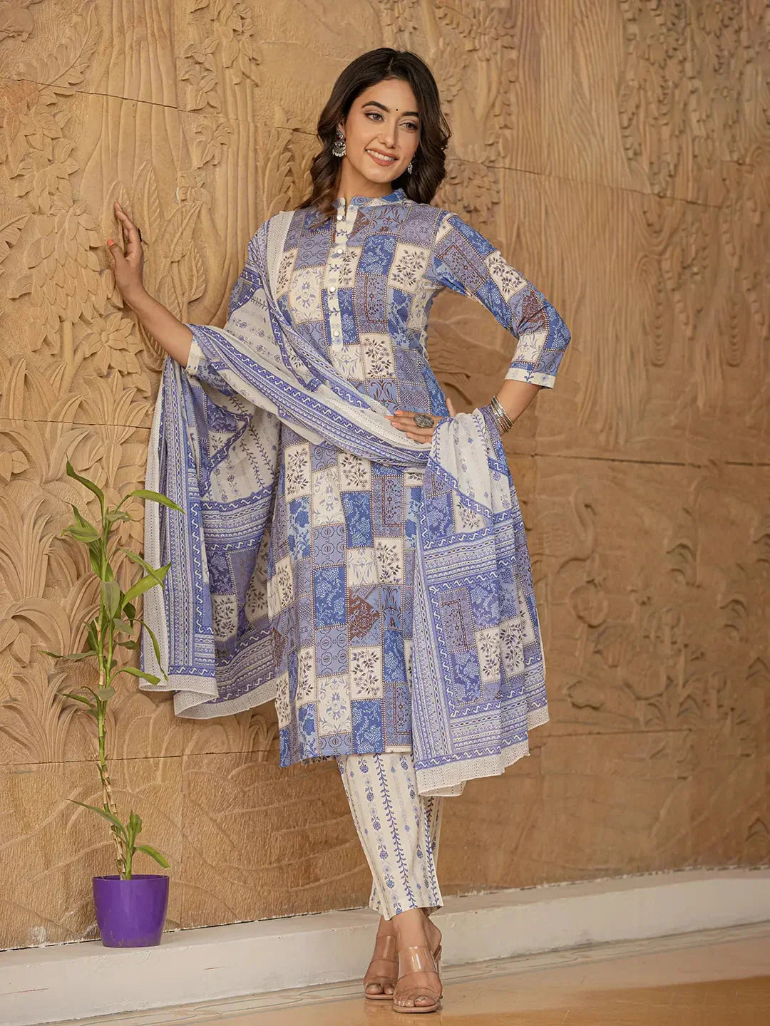Yufta Blue Geometric Print Straight Kurta Trouser And Dupatta Set | Grocsy