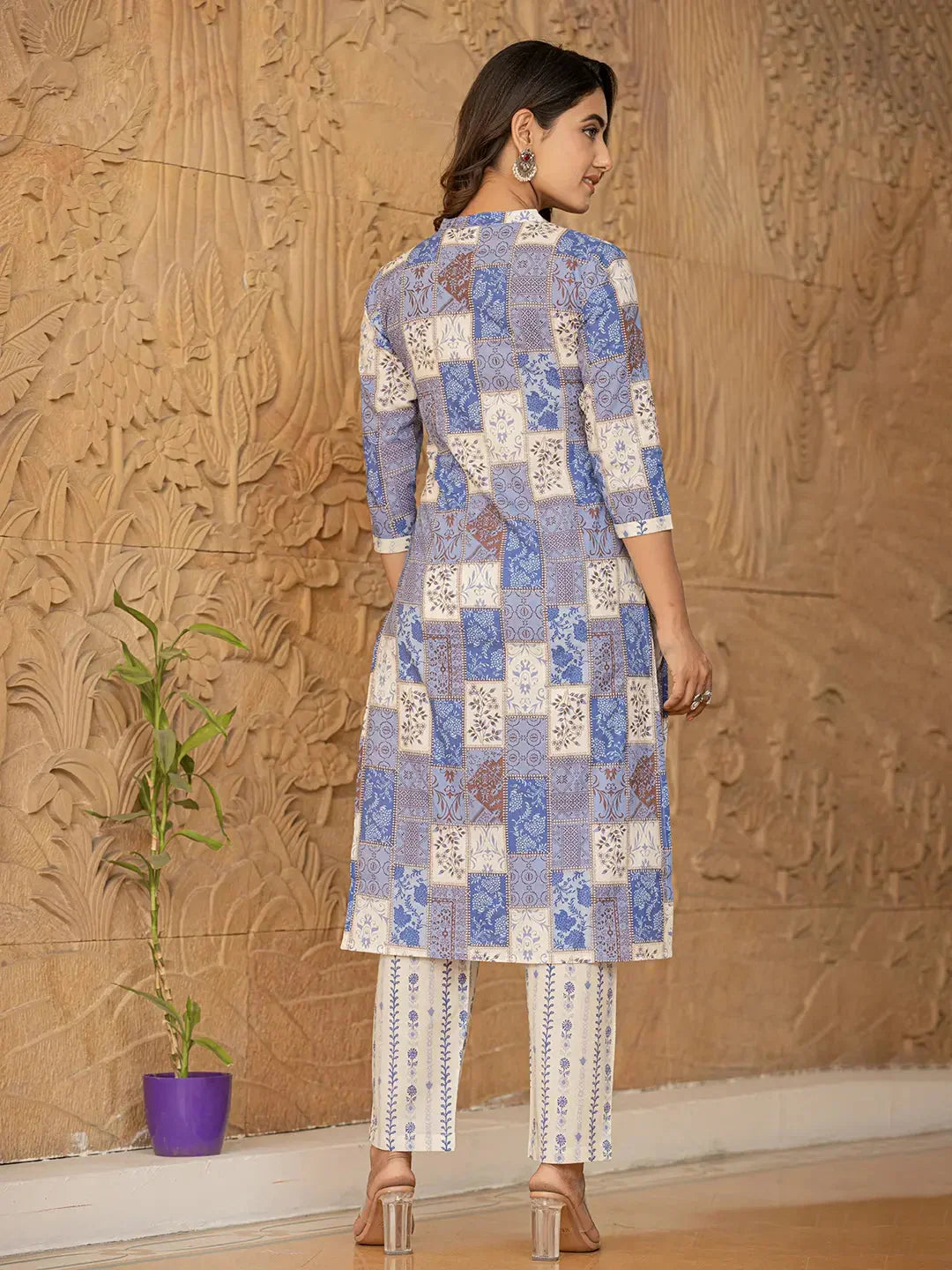 Yufta Blue Geometric Print Straight Kurta Trouser And Dupatta Set | Grocsy