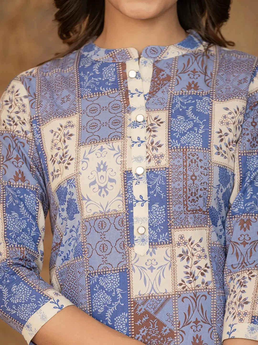 Yufta Blue Geometric Print Straight Kurta Trouser And Dupatta Set | Grocsy
